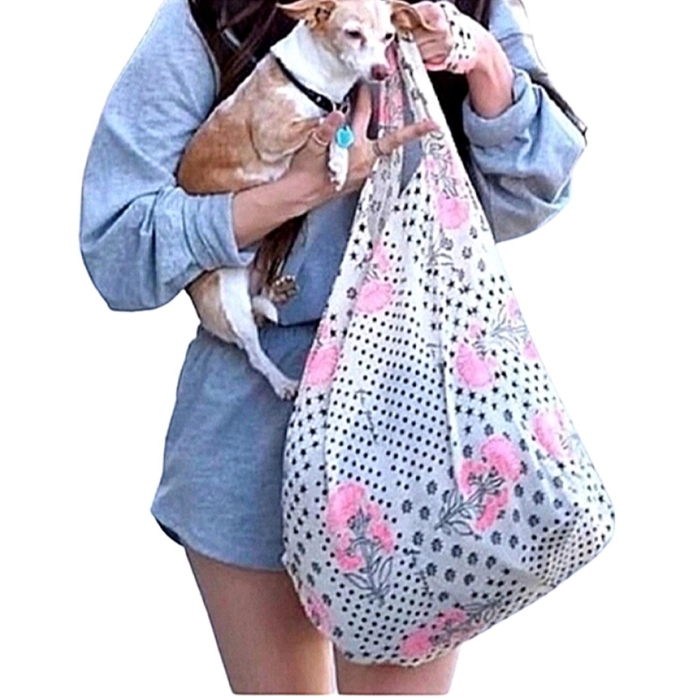 FREE PEOPLE Large Boho Floral Polka-Dot Star Print
Linen Shopping Tote Bag